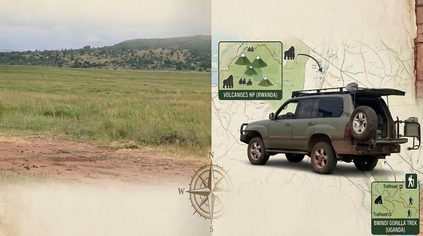 Hybrid SUV on a scenic Rwandan road at sunrise