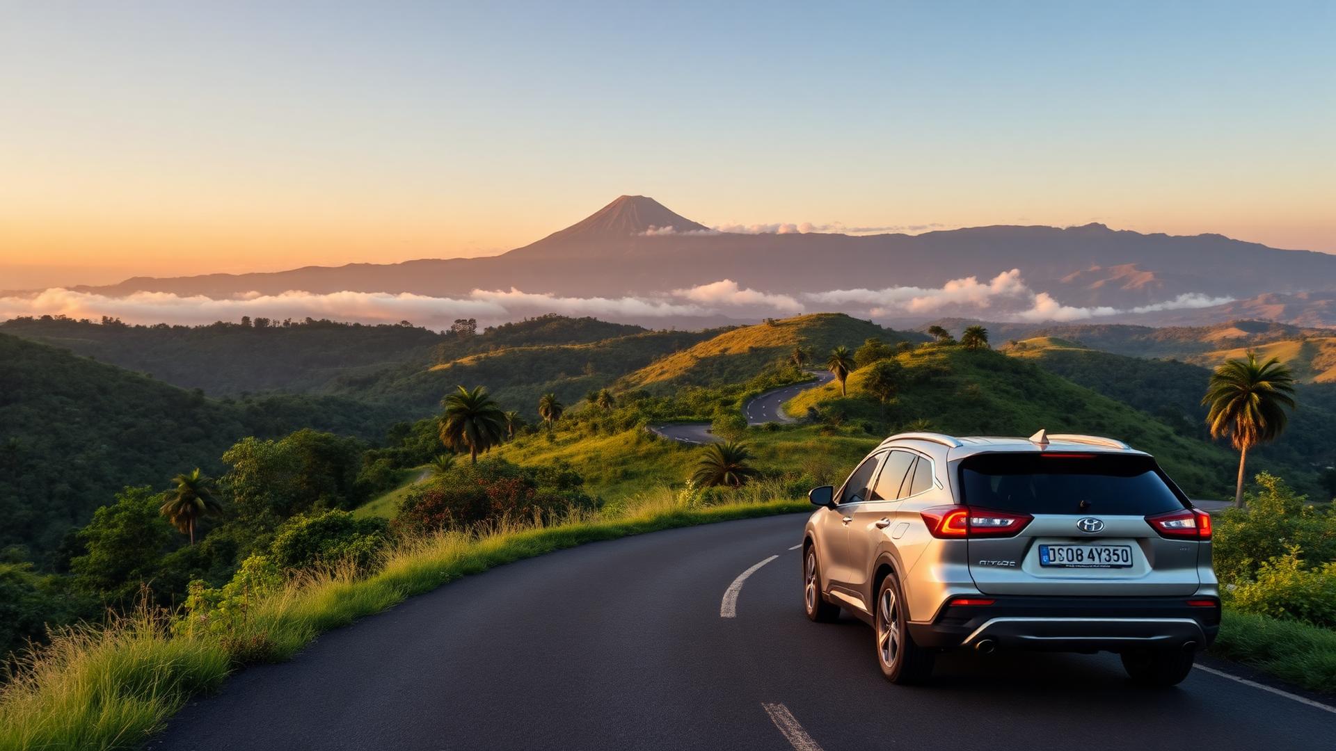 Hybrid SUV on a scenic Rwandan road at sunrise